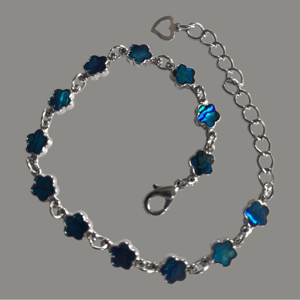 Abalone Shell Blue Flower Link Silver Plated Brac… - image 3